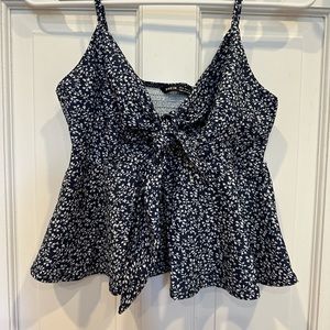 shein navy and white floral tie front tank top size xs